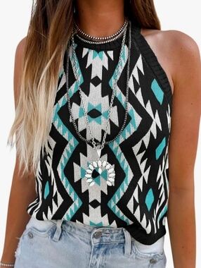 Turquoise Aztec Geometric Sweater Knit Top